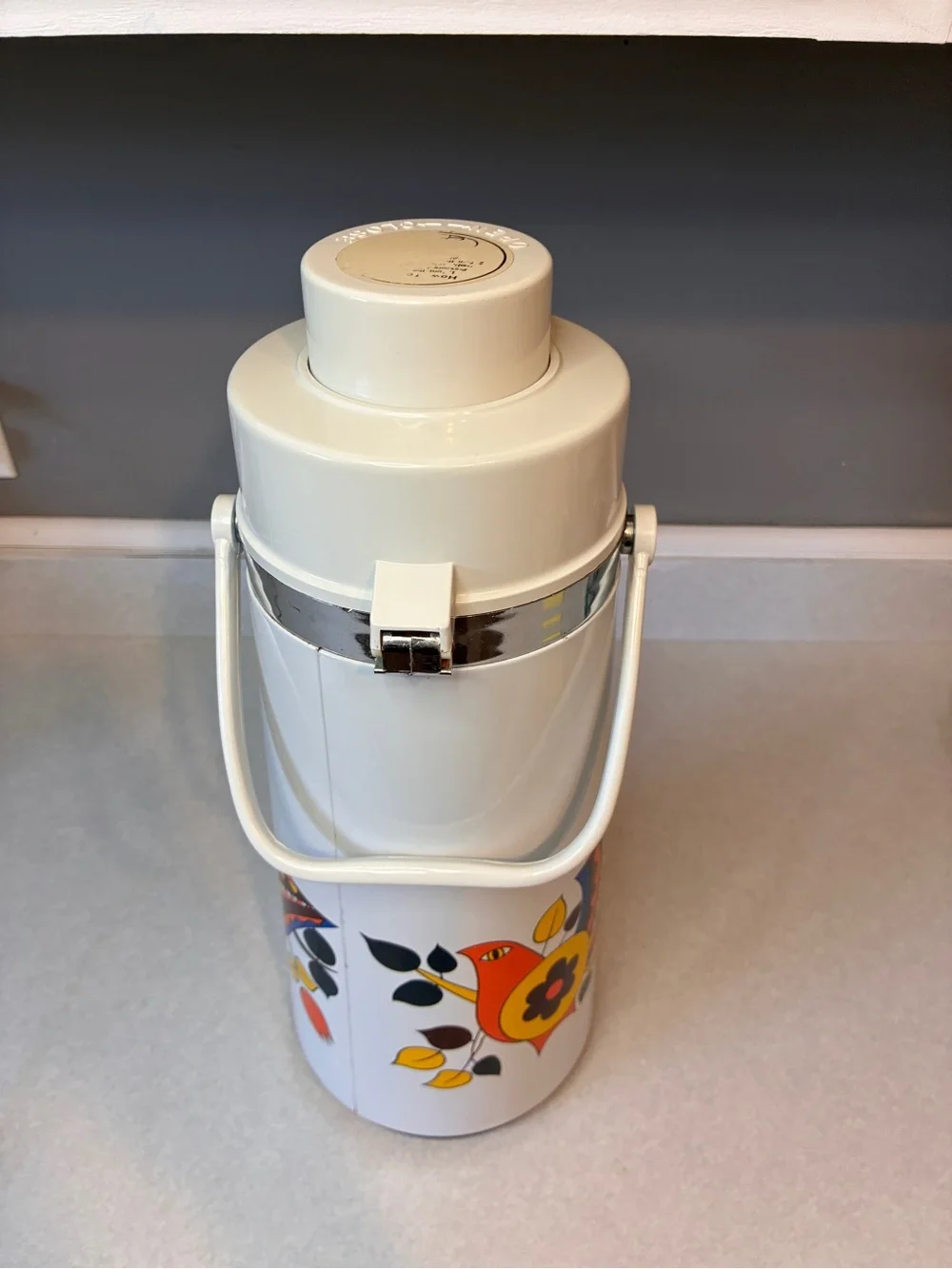 Vintage Air Pot Thermos Pump Drink Dispenser MCM Colorful Partridge Birds